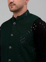 Thumbnail for Jompers Men's Sequin and Embroidered Nehru Jacket With Kurta Pyjama - Olive - Distacart