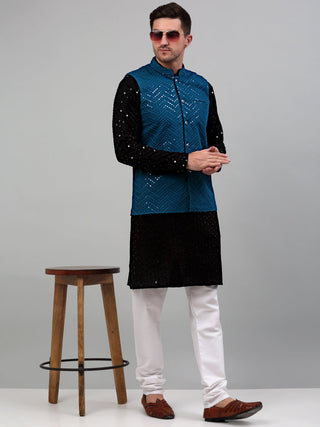 Jompers Men's Sequin and Embroidered Nehru Jacket With Kurta Pyjama - Peacock - Distacart