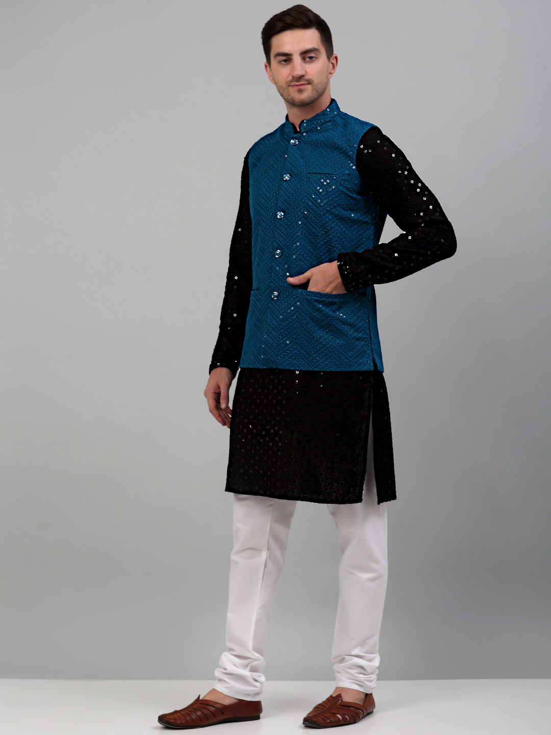 Jompers Men's Sequin and Embroidered Nehru Jacket With Kurta Pyjama - Peacock - Distacart