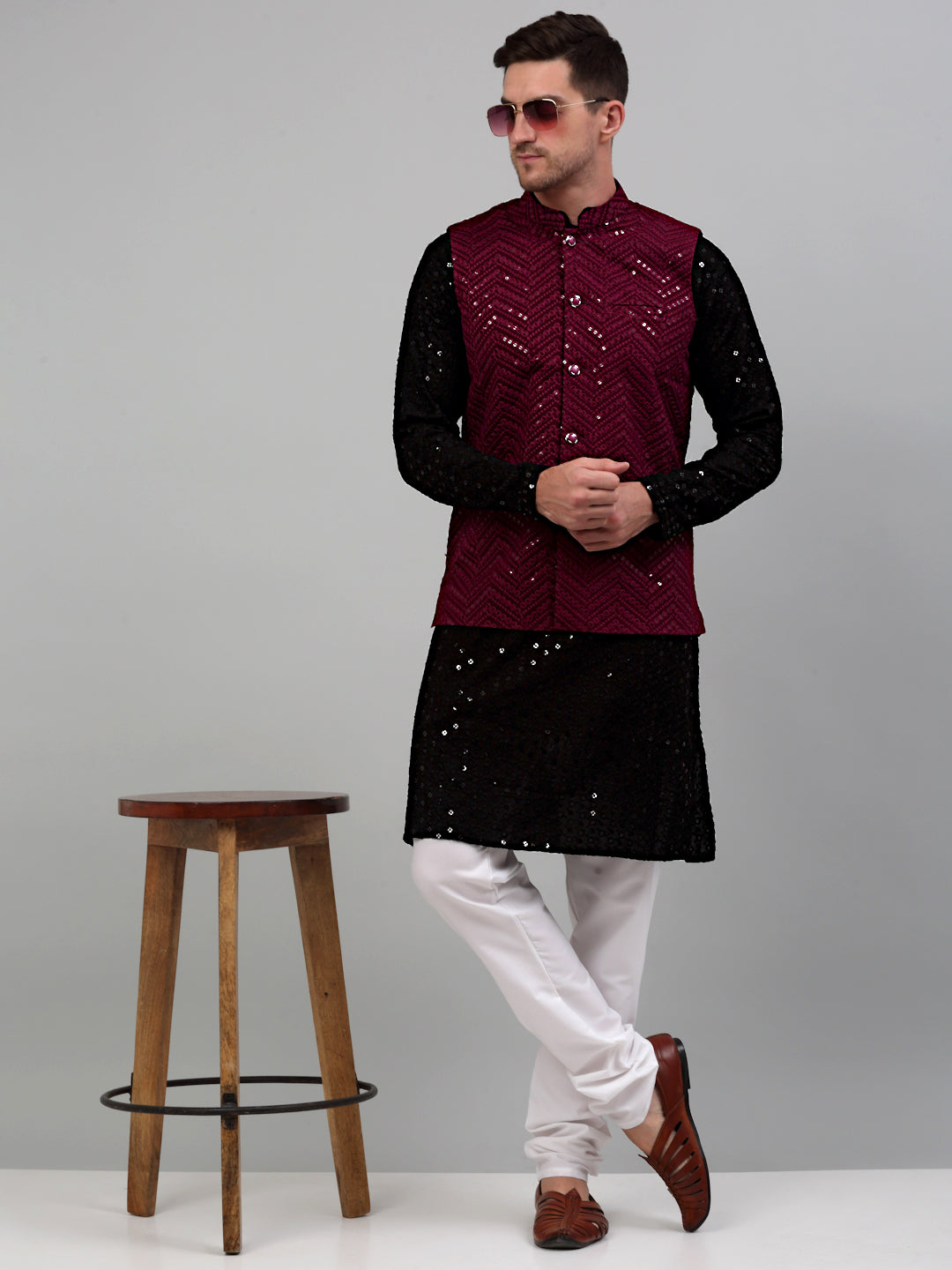 Jompers Men's Sequin and Embroidered Nehru Jacket With Kurta Pyjama - Purple - Distacart