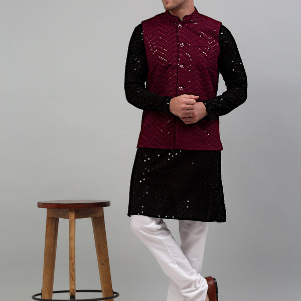 Jompers Men's Sequin and Embroidered Nehru Jacket With Kurta Pyjama - Purple - Distacart