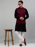 Thumbnail for Jompers Men's Sequin and Embroidered Nehru Jacket With Kurta Pyjama - Purple - Distacart