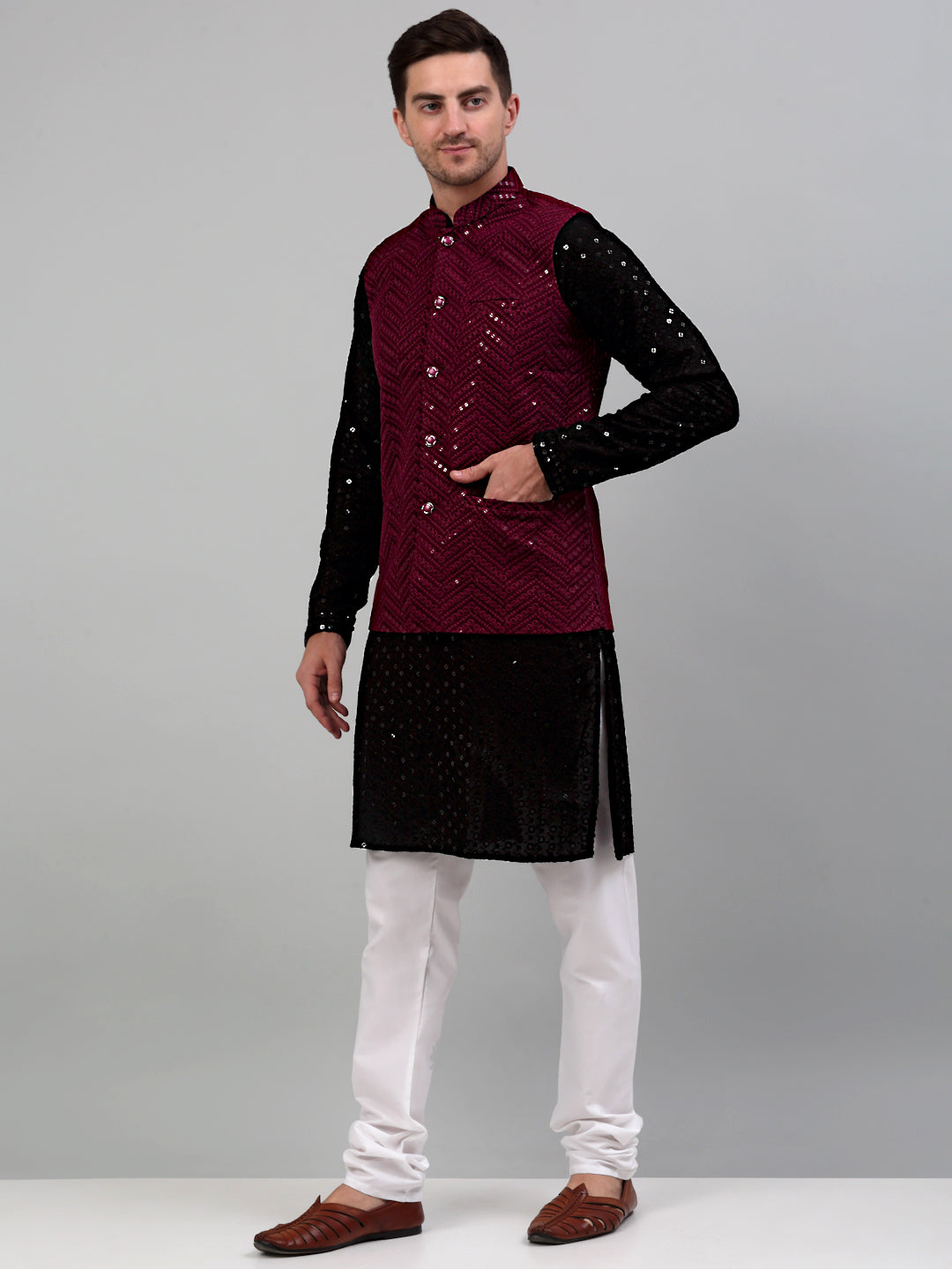 Jompers Men's Sequin and Embroidered Nehru Jacket With Kurta Pyjama - Purple - Distacart