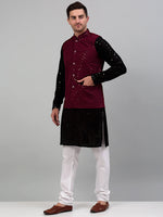 Thumbnail for Jompers Men's Sequin and Embroidered Nehru Jacket With Kurta Pyjama - Purple - Distacart