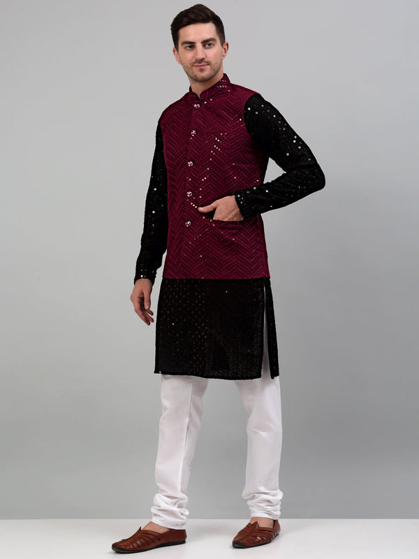 Jompers Men's Sequin and Embroidered Nehru Jacket With Kurta Pyjama - Purple - Distacart