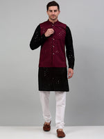 Thumbnail for Jompers Men's Sequin and Embroidered Nehru Jacket With Kurta Pyjama - Purple - Distacart