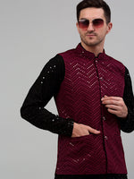 Thumbnail for Jompers Men's Sequin and Embroidered Nehru Jacket With Kurta Pyjama - Purple - Distacart