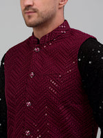 Thumbnail for Jompers Men's Sequin and Embroidered Nehru Jacket With Kurta Pyjama - Purple - Distacart