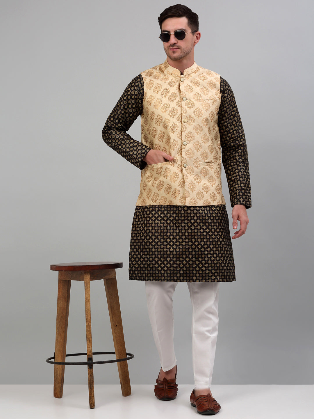Jompers Men's Printed Nehru Jacket With Kurta Pyjama Set - Cream - Distacart