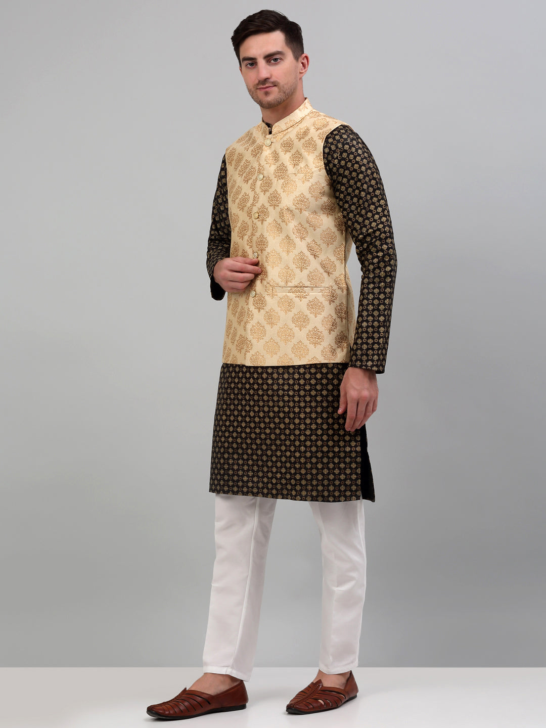 Jompers Men's Printed Nehru Jacket With Kurta Pyjama Set - Cream - Distacart