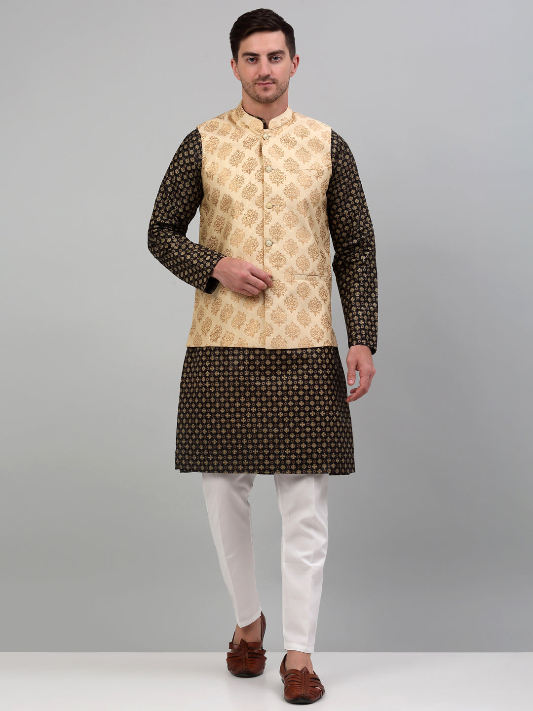 Jompers Men's Printed Nehru Jacket With Kurta Pyjama Set - Cream - Distacart