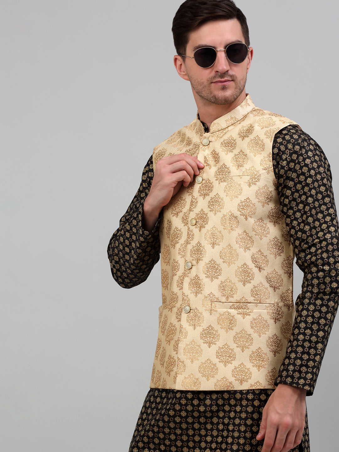 Jompers Men's Printed Nehru Jacket With Kurta Pyjama Set - Cream - Distacart