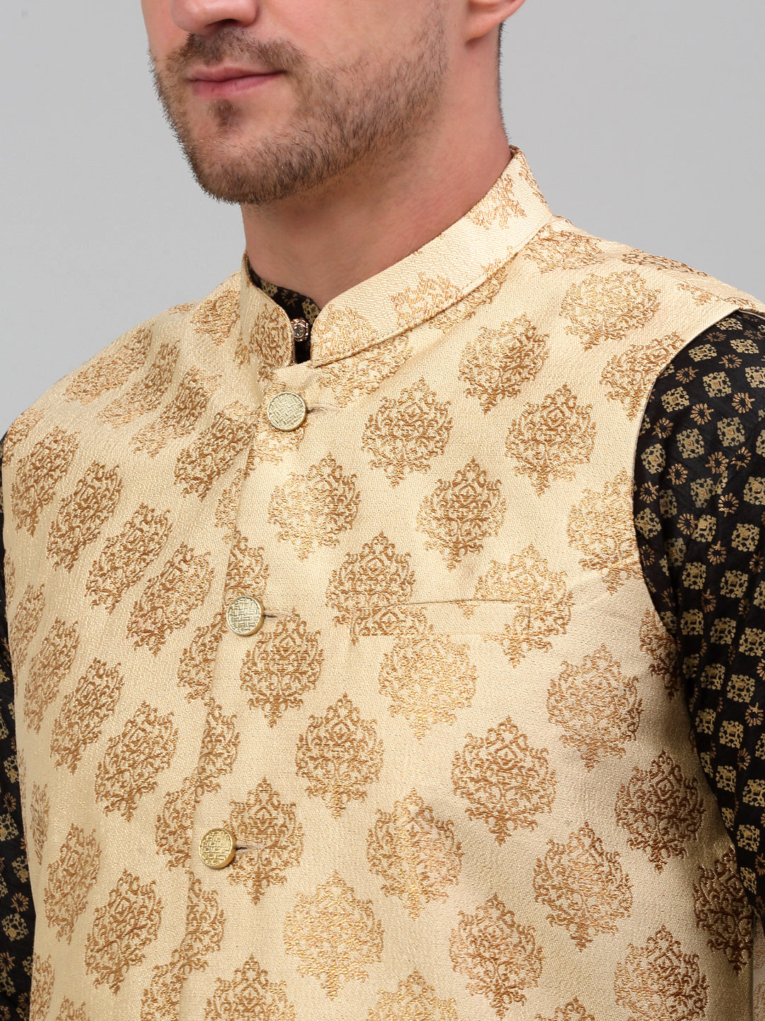 Jompers Men's Printed Nehru Jacket With Kurta Pyjama Set - Cream - Distacart