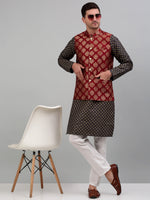 Thumbnail for Jompers Men's Printed Nehru Jacket With Kurta Pyjama Set - Maroon - Distacart