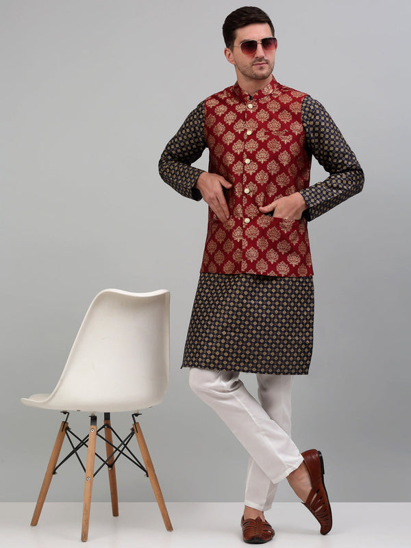 Jompers Men's Printed Nehru Jacket With Kurta Pyjama Set - Maroon - Distacart