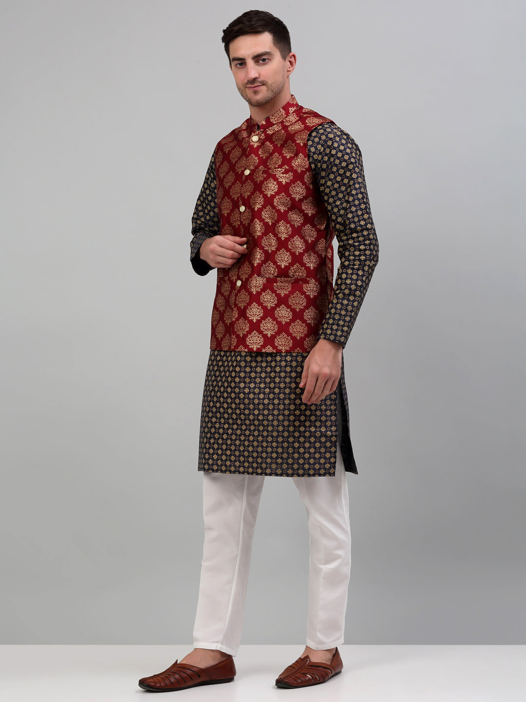 Jompers Men's Printed Nehru Jacket With Kurta Pyjama Set - Maroon - Distacart