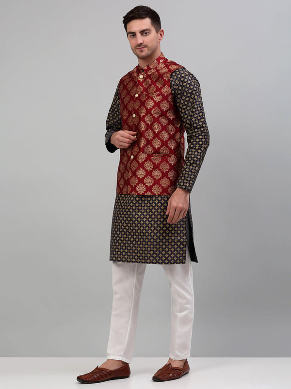 Jompers Men's Printed Nehru Jacket With Kurta Pyjama Set - Maroon - Distacart