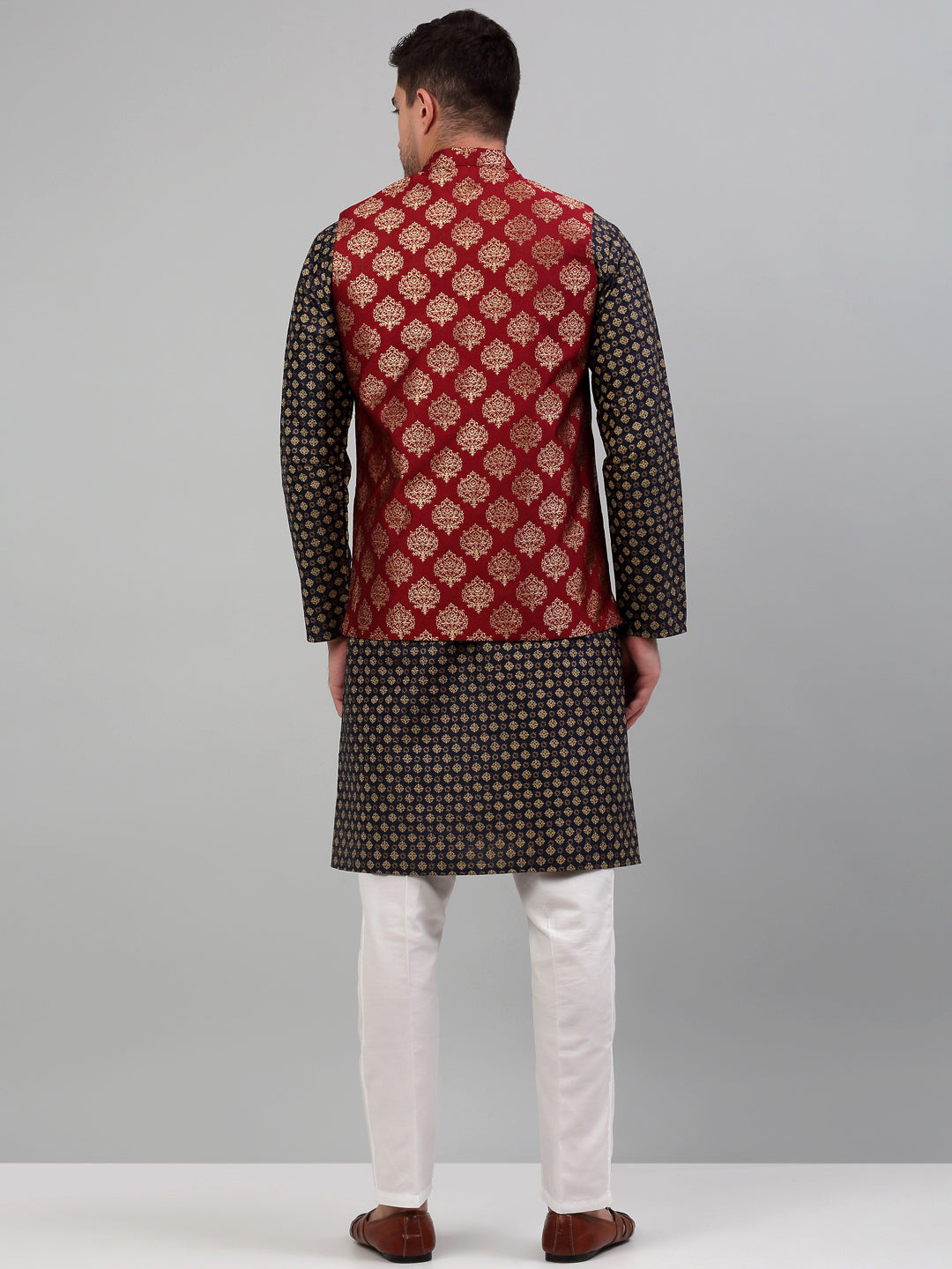 Jompers Men's Printed Nehru Jacket With Kurta Pyjama Set - Maroon - Distacart