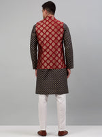 Thumbnail for Jompers Men's Printed Nehru Jacket With Kurta Pyjama Set - Maroon - Distacart