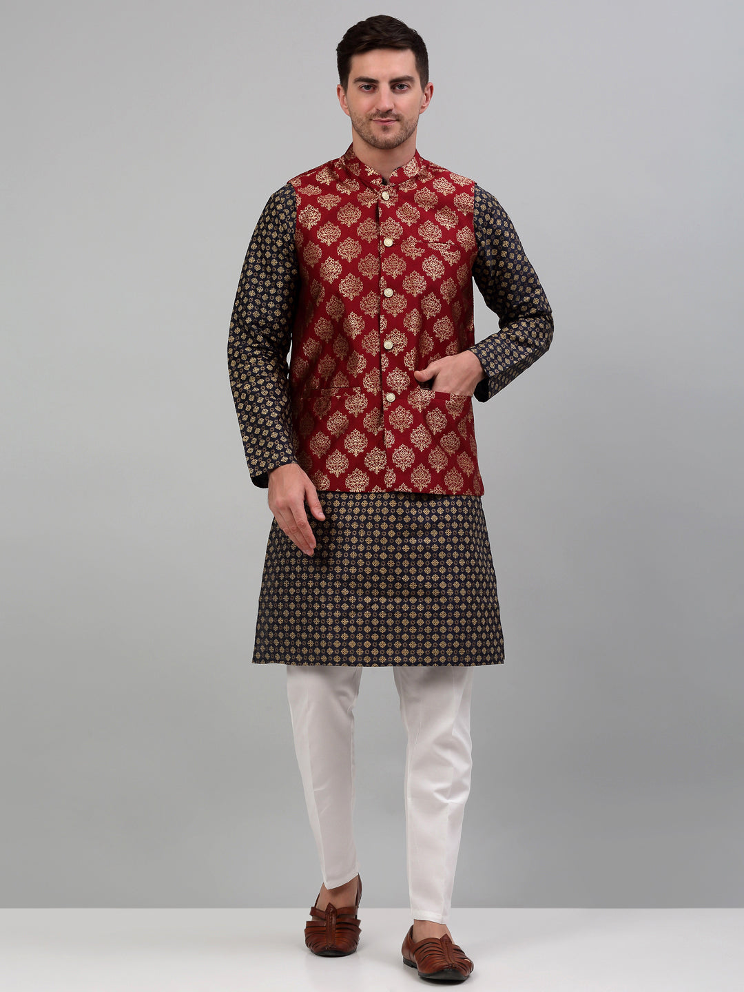Jompers Men's Printed Nehru Jacket With Kurta Pyjama Set - Maroon - Distacart