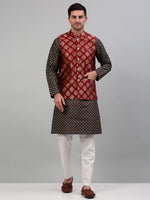 Thumbnail for Jompers Men's Printed Nehru Jacket With Kurta Pyjama Set - Maroon - Distacart