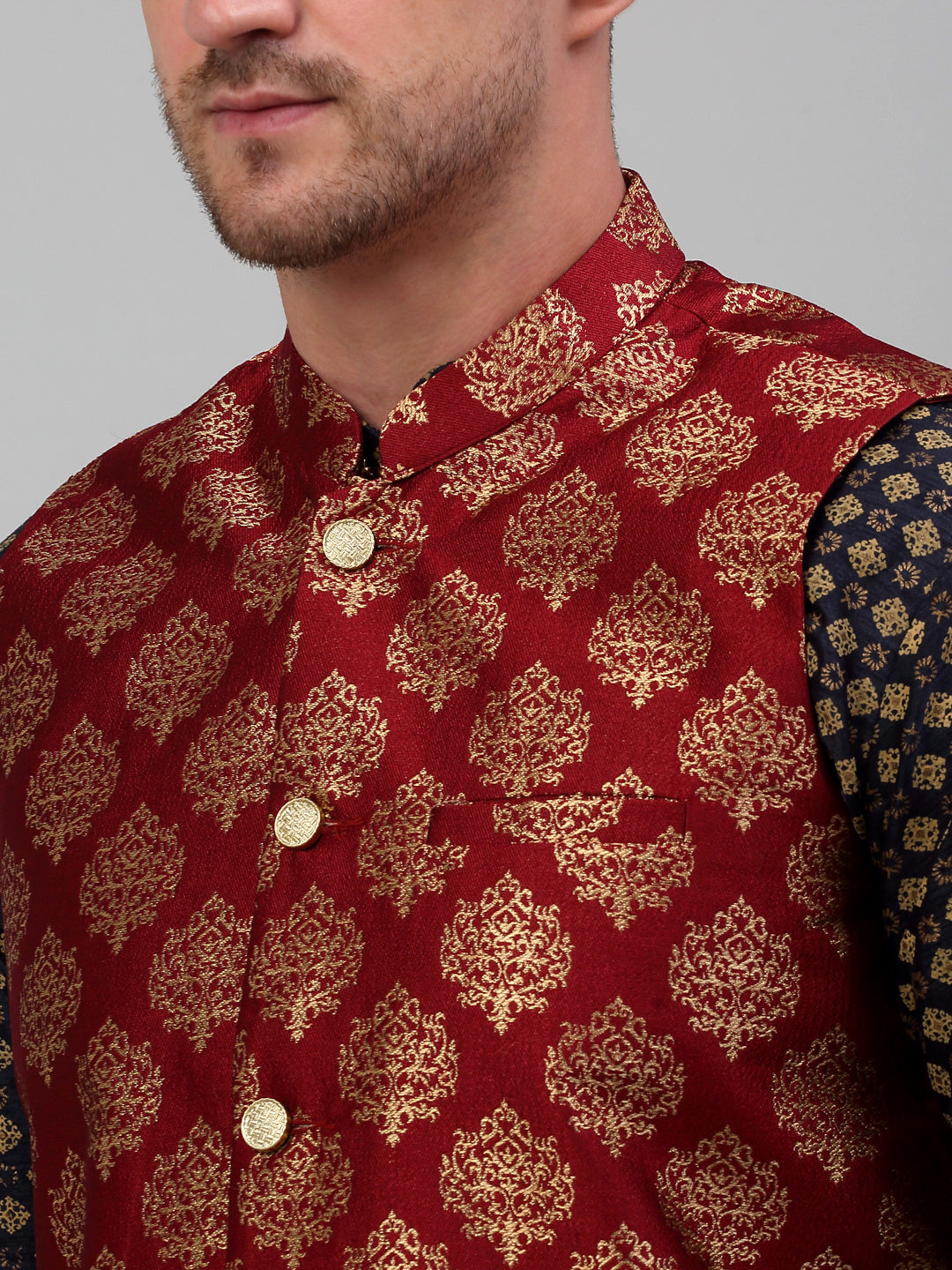 Jompers Men's Printed Nehru Jacket With Kurta Pyjama Set - Maroon - Distacart