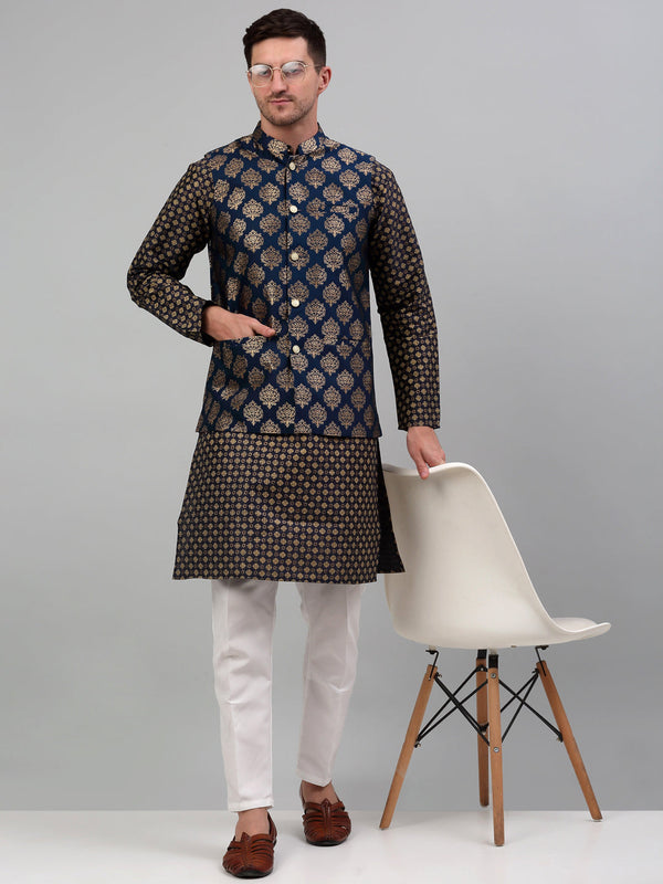 Jompers Men's Printed Nehru Jacket With Kurta Pyjama Set - Navy Blue - Distacart