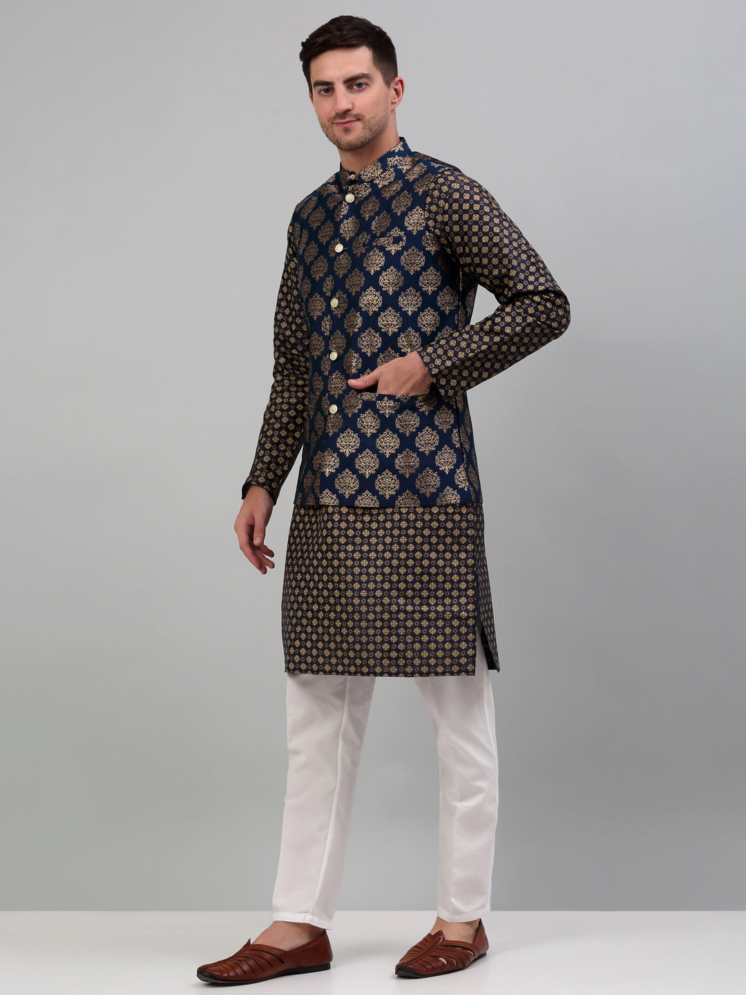 Jompers Men's Printed Nehru Jacket With Kurta Pyjama Set - Navy Blue - Distacart