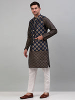 Thumbnail for Jompers Men's Printed Nehru Jacket With Kurta Pyjama Set - Navy Blue - Distacart