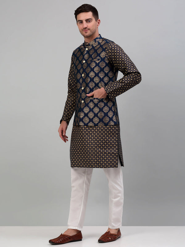 Jompers Men's Printed Nehru Jacket With Kurta Pyjama Set - Navy Blue - Distacart