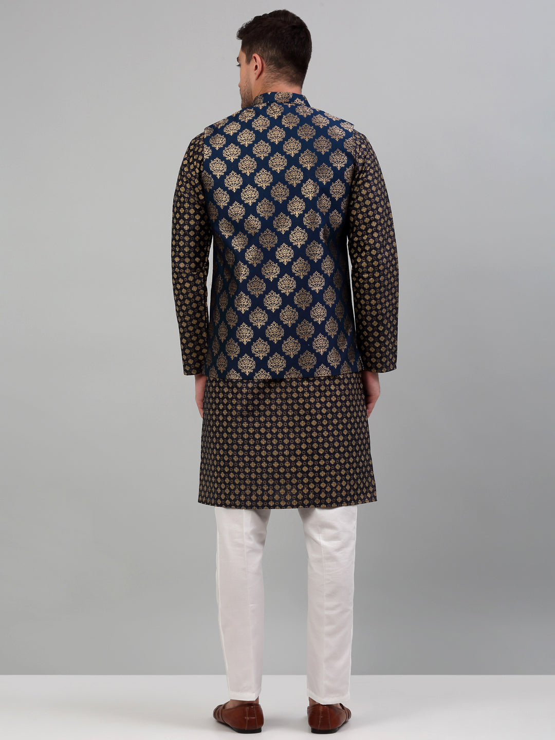 Jompers Men's Printed Nehru Jacket With Kurta Pyjama Set - Navy Blue - Distacart
