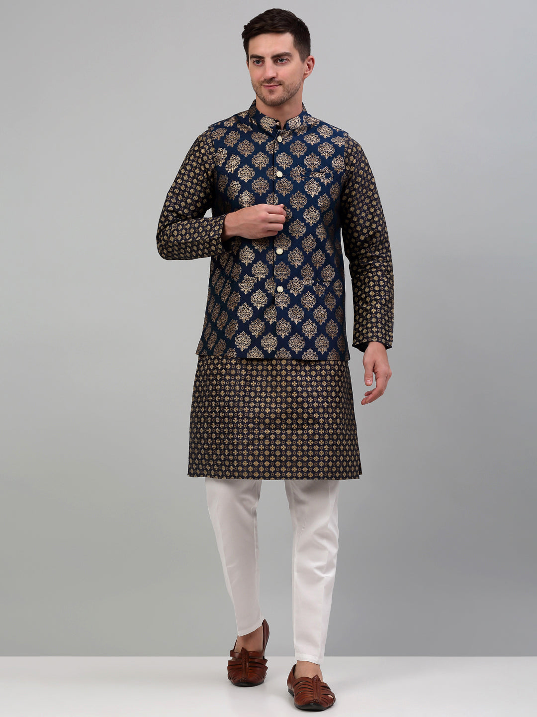 Jompers Men's Printed Nehru Jacket With Kurta Pyjama Set - Navy Blue - Distacart