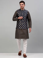 Thumbnail for Jompers Men's Printed Nehru Jacket With Kurta Pyjama Set - Navy Blue - Distacart