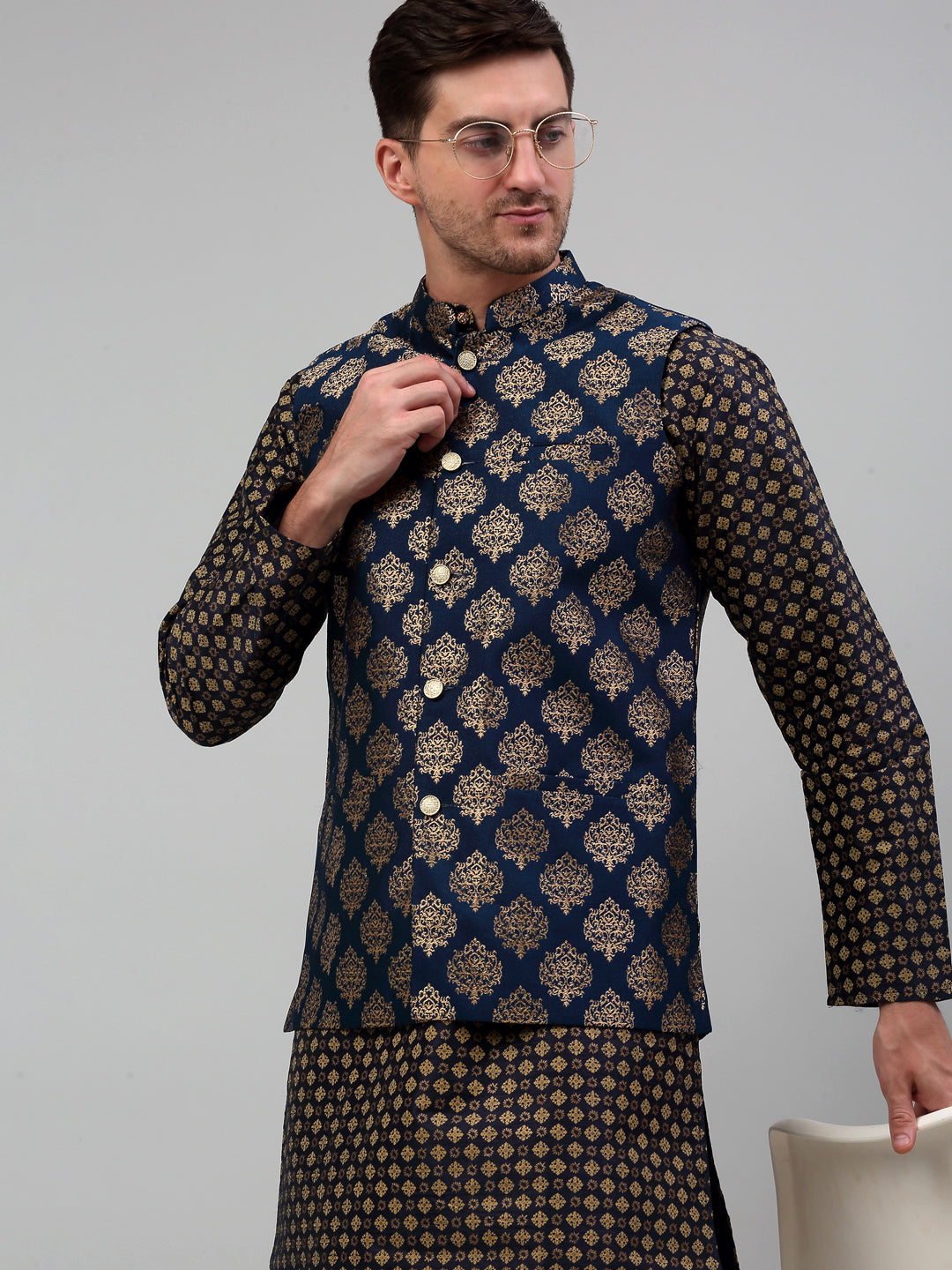 Jompers Men's Printed Nehru Jacket With Kurta Pyjama Set - Navy Blue - Distacart