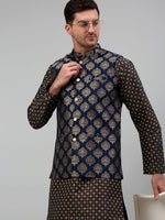 Thumbnail for Jompers Men's Printed Nehru Jacket With Kurta Pyjama Set - Navy Blue - Distacart