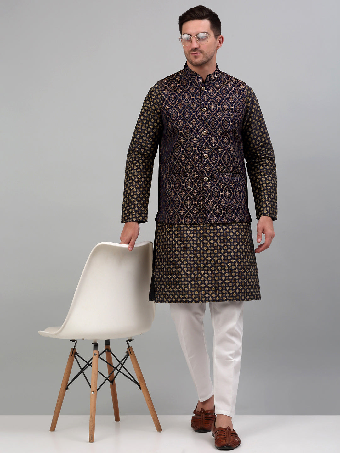 Jompers Men's Woven Design Nehru Jacket with Printed Kurta Pyjama Set - Brown - Distacart