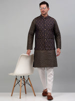 Thumbnail for Jompers Men's Woven Design Nehru Jacket with Printed Kurta Pyjama Set - Brown - Distacart