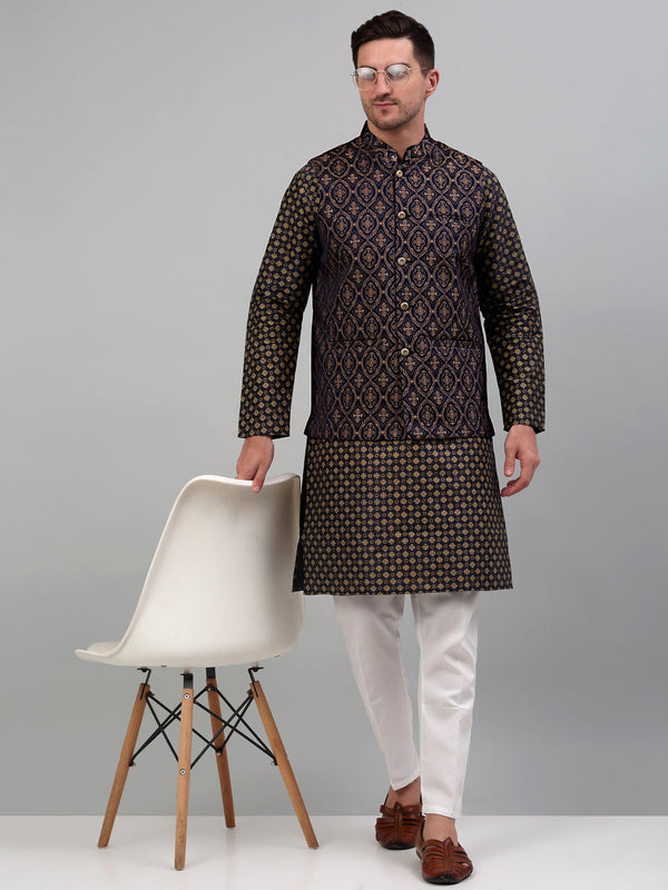 Jompers Men's Woven Design Nehru Jacket with Printed Kurta Pyjama Set - Brown - Distacart