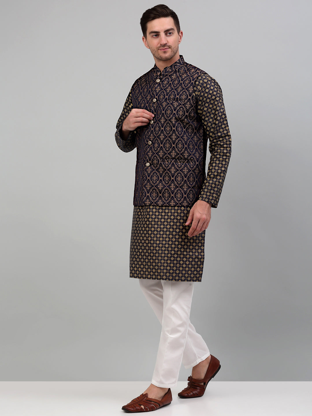 Jompers Men's Woven Design Nehru Jacket with Printed Kurta Pyjama Set - Brown - Distacart
