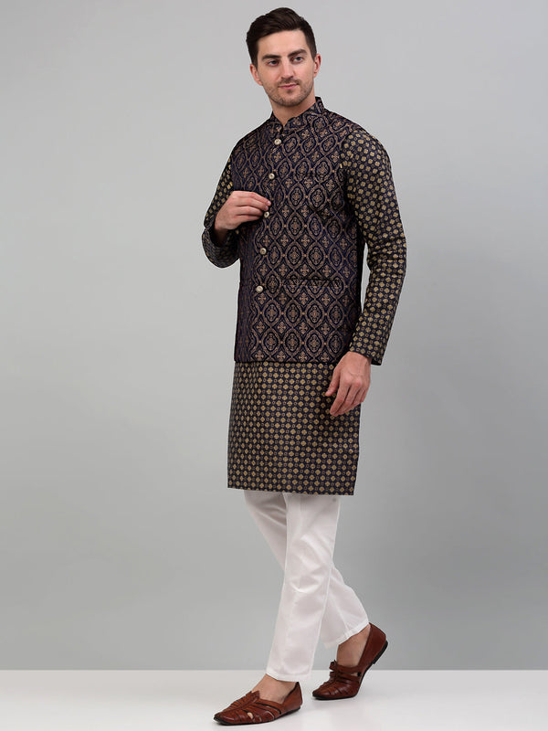 Jompers Men's Woven Design Nehru Jacket with Printed Kurta Pyjama Set - Brown - Distacart
