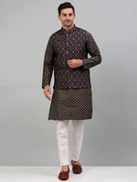 Thumbnail for Jompers Men's Woven Design Nehru Jacket with Printed Kurta Pyjama Set - Brown - Distacart
