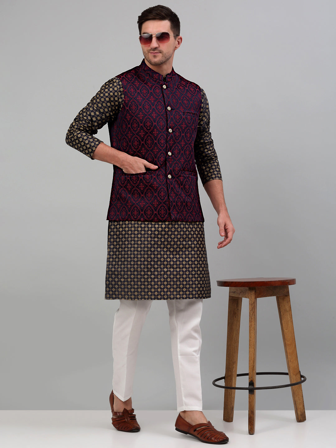 Jompers Men's Woven Design Nehru Jacket with Printed Kurta Pyjama Set - Maroon - Distacart