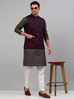 Thumbnail for Jompers Men's Woven Design Nehru Jacket with Printed Kurta Pyjama Set - Maroon - Distacart