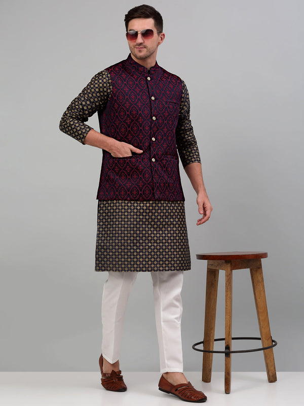 Jompers Men's Woven Design Nehru Jacket with Printed Kurta Pyjama Set - Maroon - Distacart