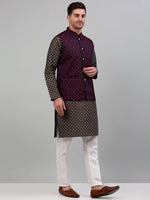 Thumbnail for Jompers Men's Woven Design Nehru Jacket with Printed Kurta Pyjama Set - Maroon - Distacart