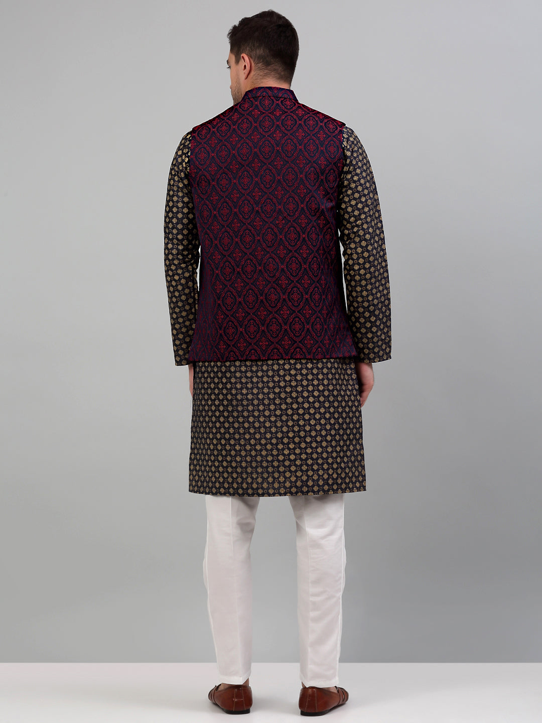 Jompers Men's Woven Design Nehru Jacket with Printed Kurta Pyjama Set - Maroon - Distacart