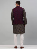 Thumbnail for Jompers Men's Woven Design Nehru Jacket with Printed Kurta Pyjama Set - Maroon - Distacart