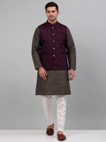 Thumbnail for Jompers Men's Woven Design Nehru Jacket with Printed Kurta Pyjama Set - Maroon - Distacart