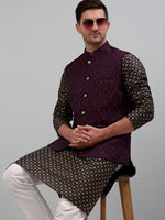 Thumbnail for Jompers Men's Woven Design Nehru Jacket with Printed Kurta Pyjama Set - Maroon - Distacart