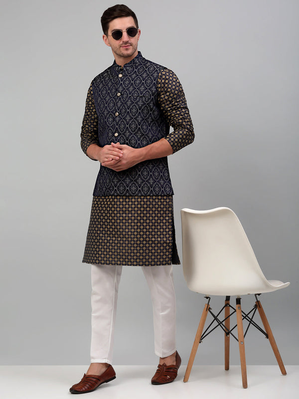 Jompers Men's Woven Design Nehru Jacket with Printed Kurta Pyjama Set - Silver - Distacart